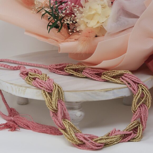 Coral & Beige ✦ Braided Beaded Necklace ✦ 19" Handcrafted Artisan Boho Jewelry - Picture 10 of 14